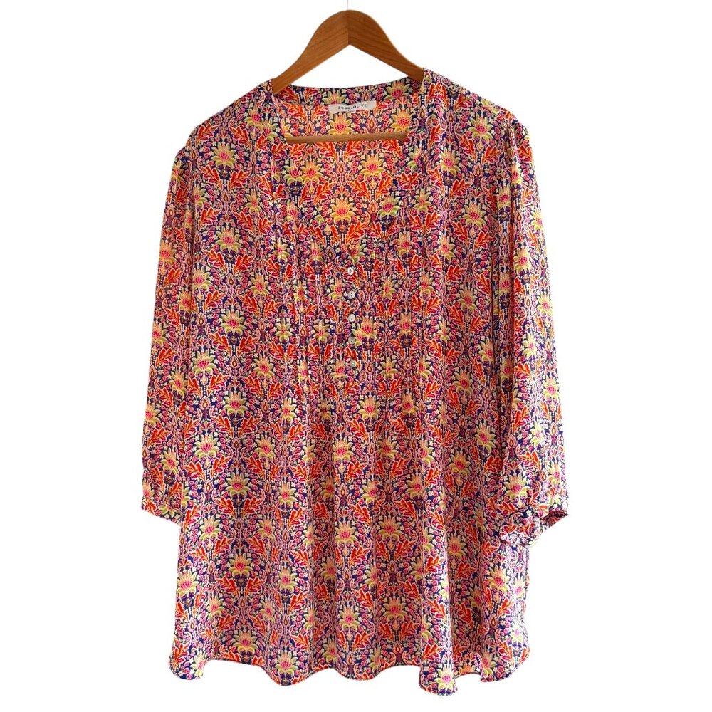 Rose & Olive Boho Floral Blouse Size 2X Half Sleeve Flowy Button Front Top